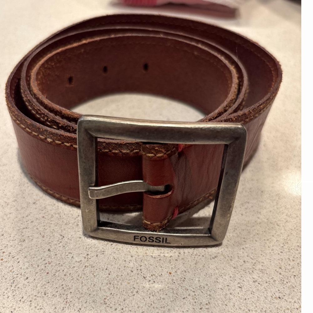 Fossil Mens Cognac Brown Genuine Leather Belt Square Buckle BT2801231 Size L